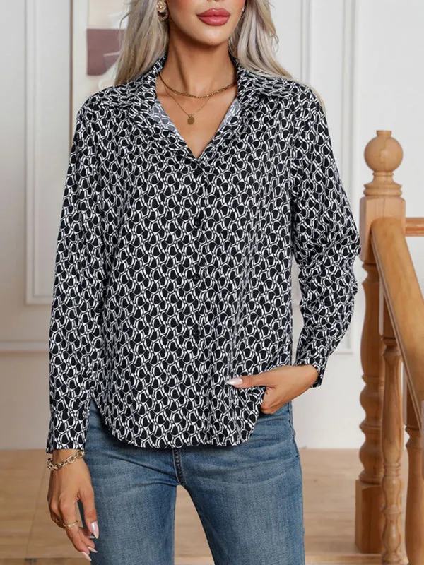 All-Printed Collared Button-Up Blouse | Long Sleeves Shirt