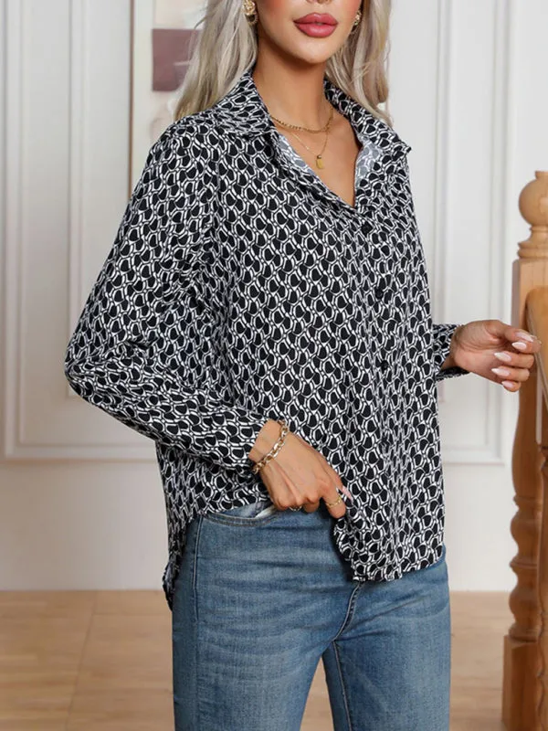 All-Printed Collared Button-Up Blouse | Long Sleeves Shirt