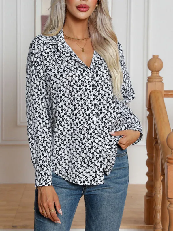 All-Printed Collared Button-Up Blouse | Long Sleeves Shirt