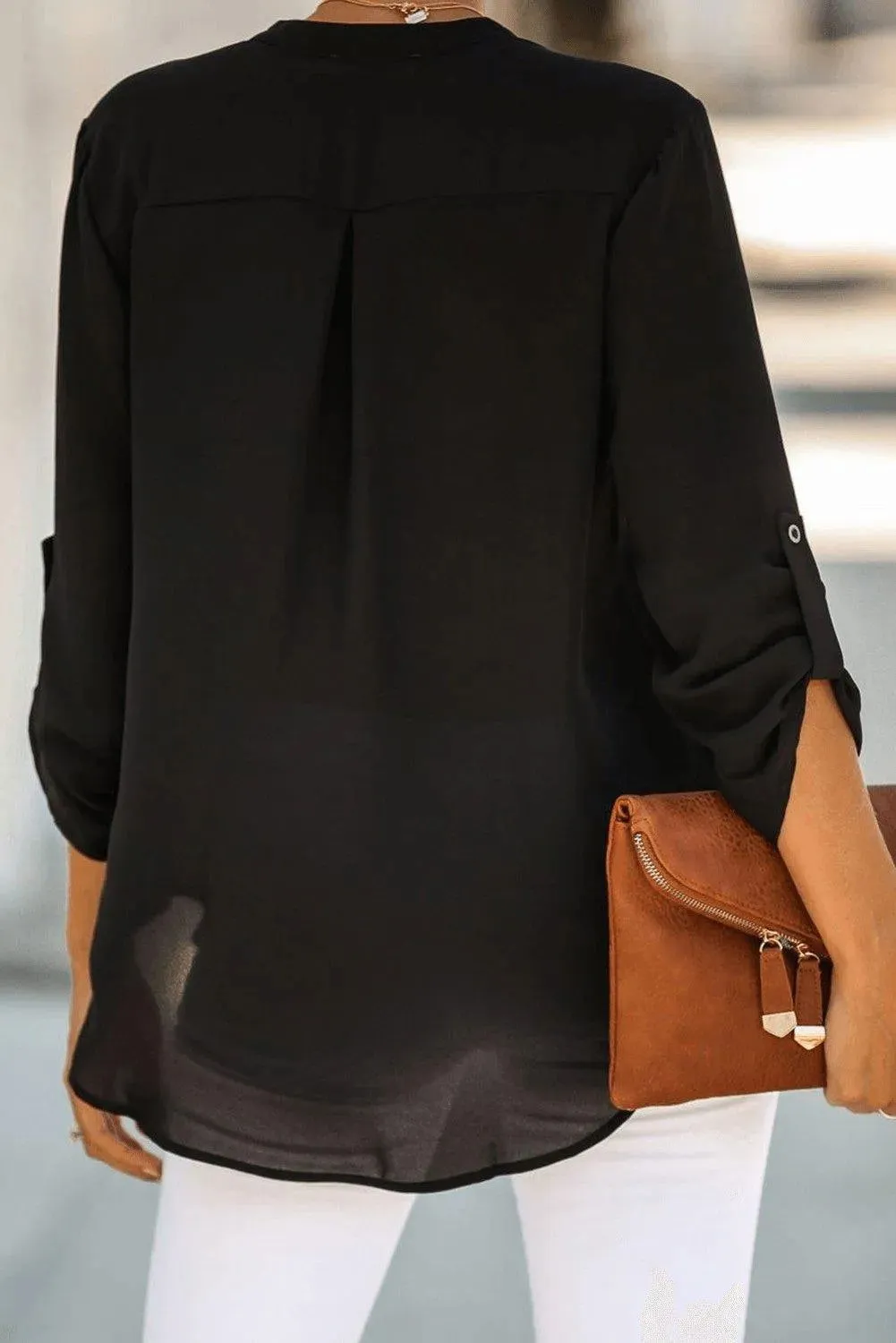 Black Split Collar Roll Up Sleeve Blouse