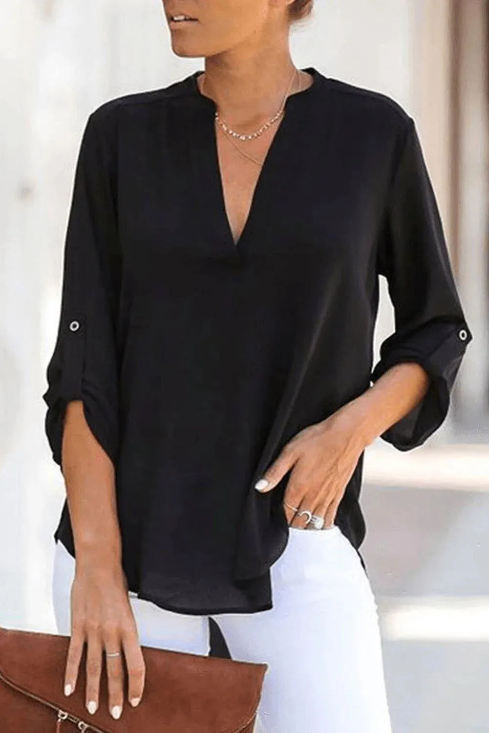 Black Split Collar Roll Up Sleeve Blouse