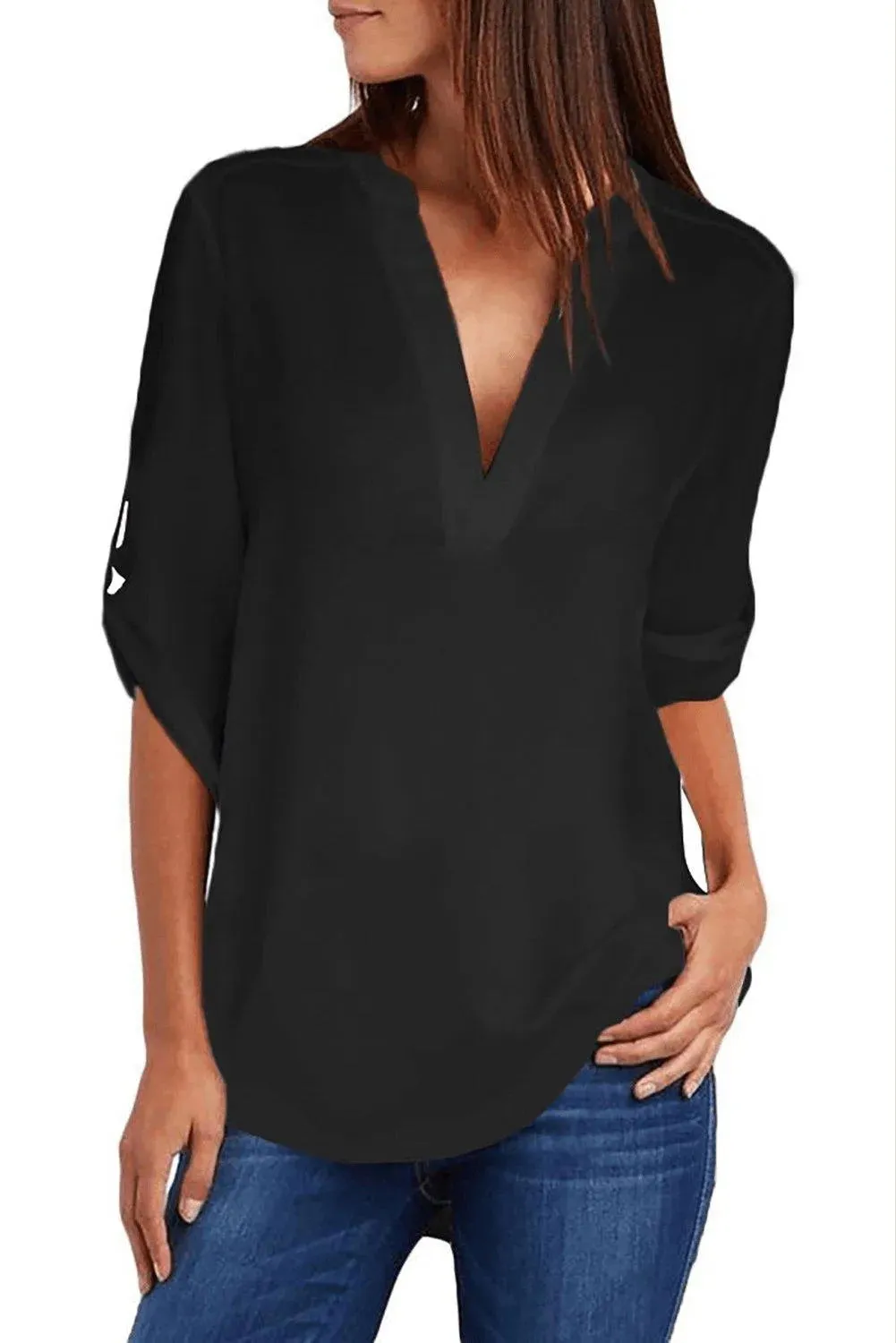 Black Split Collar Roll Up Sleeve Blouse