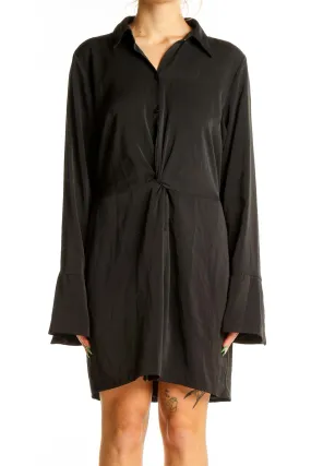 Black Twist-Front Button-Up Shirt Dress