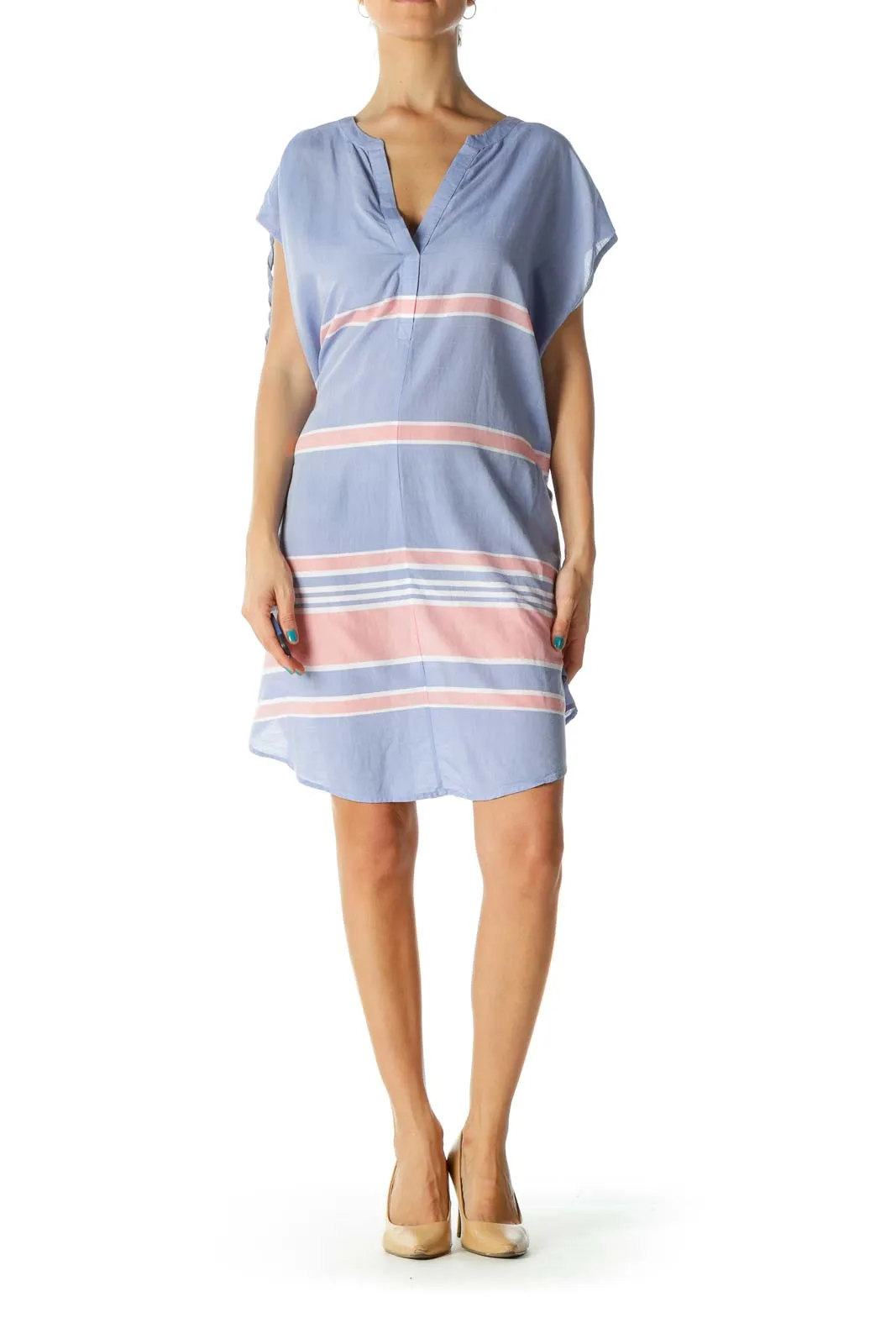 Blue & Pink Sleeveless Drawstring Shoulder Shirt Dress