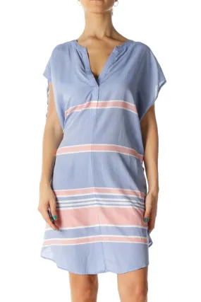 Blue & Pink Sleeveless Drawstring Shoulder Shirt Dress