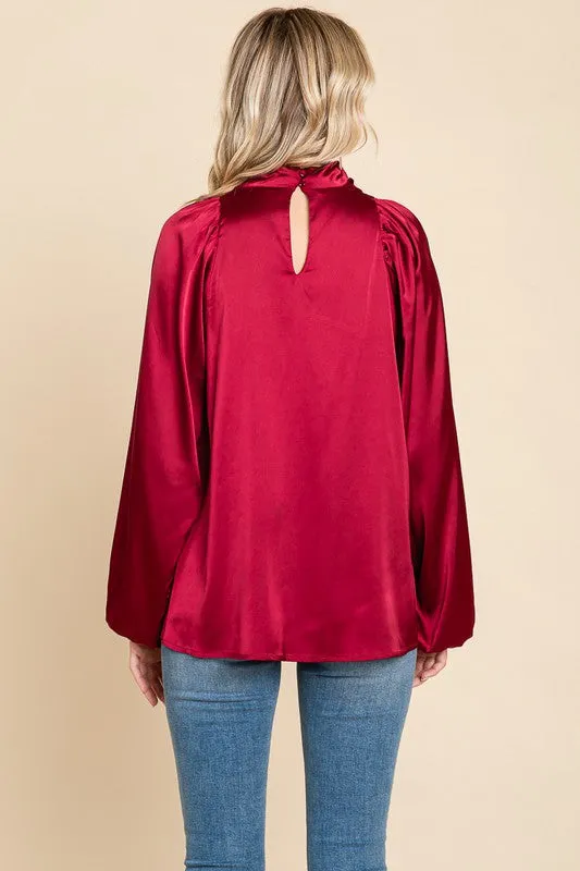 Burgundy Cowl Neck Long Sleeve Satin Blouse Top