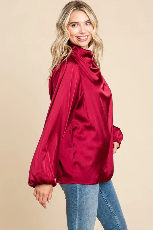 Burgundy Cowl Neck Long Sleeve Satin Blouse Top