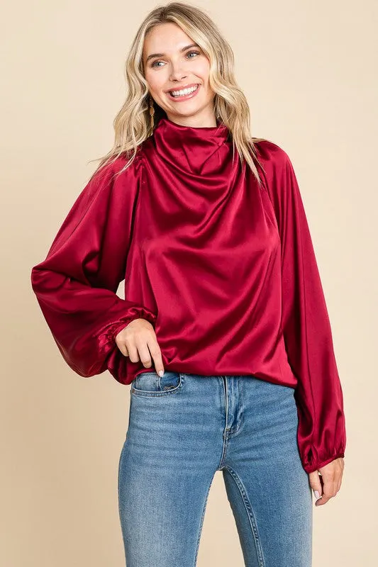 Burgundy Cowl Neck Long Sleeve Satin Blouse Top