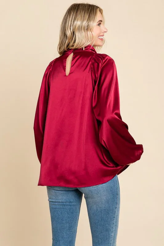 Burgundy Cowl Neck Long Sleeve Satin Blouse Top