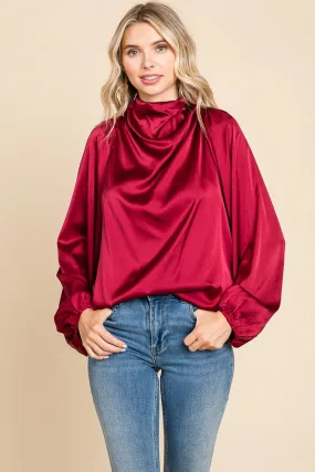 Burgundy Cowl Neck Long Sleeve Satin Blouse Top