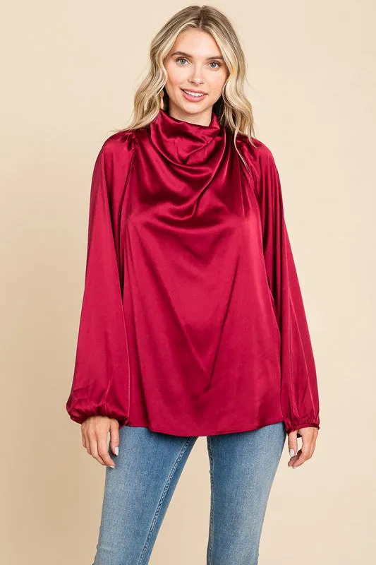 Burgundy Cowl Neck Long Sleeve Satin Blouse Top