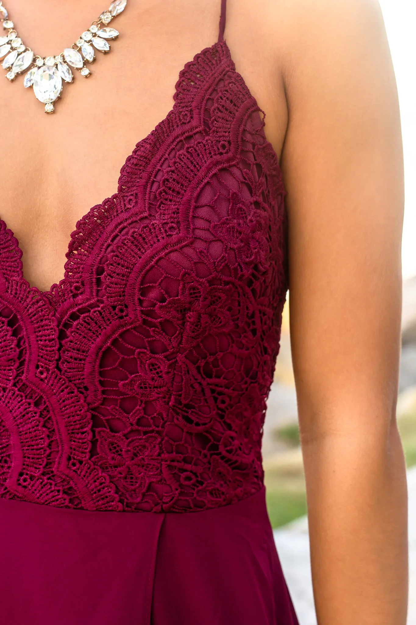 Burgundy Crochet Top Maxi Dress with Criss Cross Back