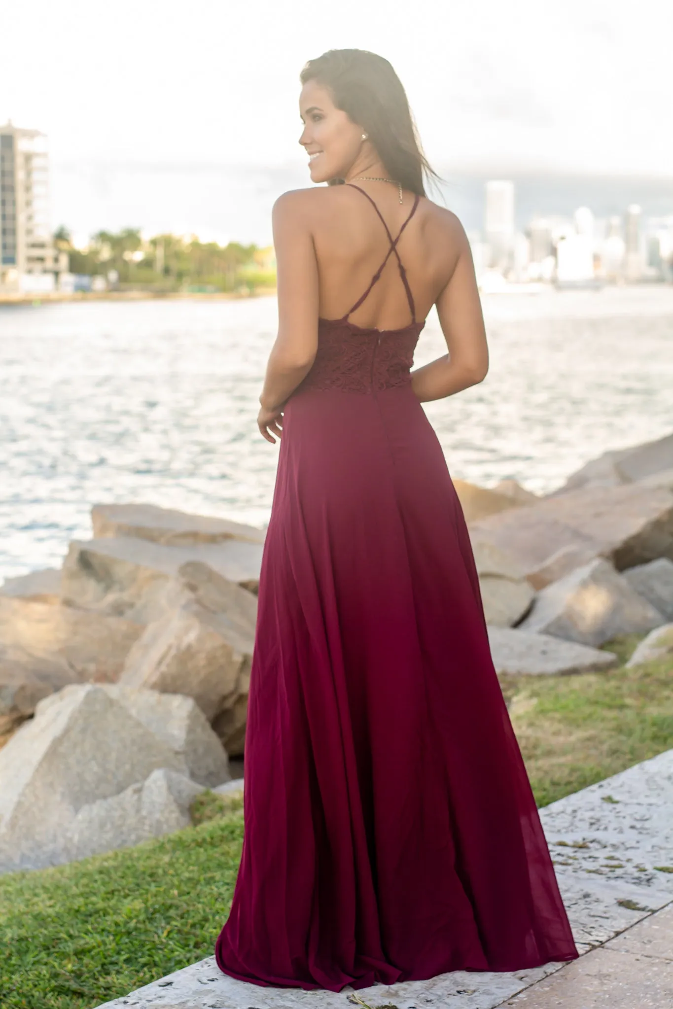 Burgundy Crochet Top Maxi Dress with Criss Cross Back