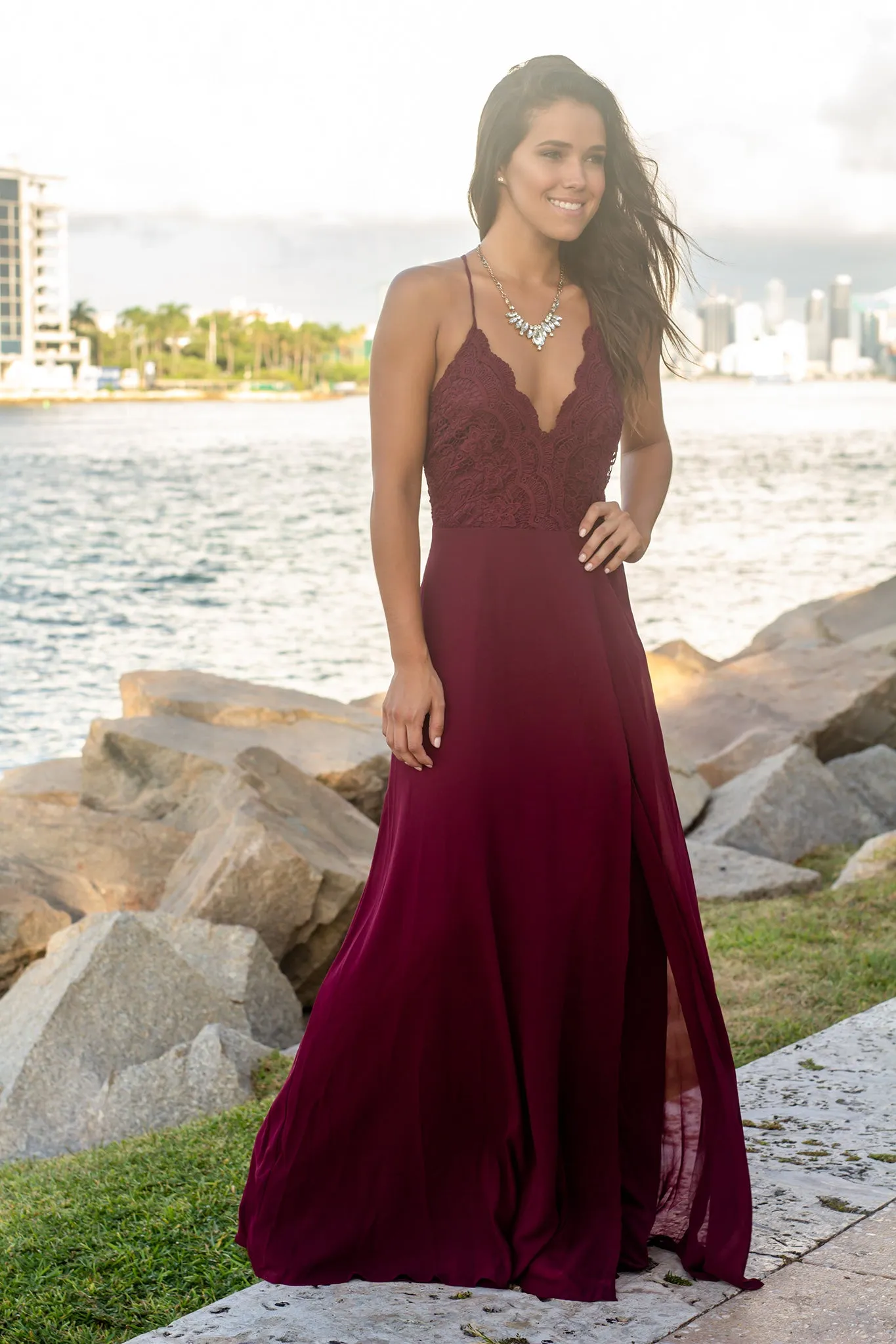 Burgundy Crochet Top Maxi Dress with Criss Cross Back