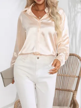 Casual Solid Smoothly Button Front Turn Down Collar Long Sleeve Blouse