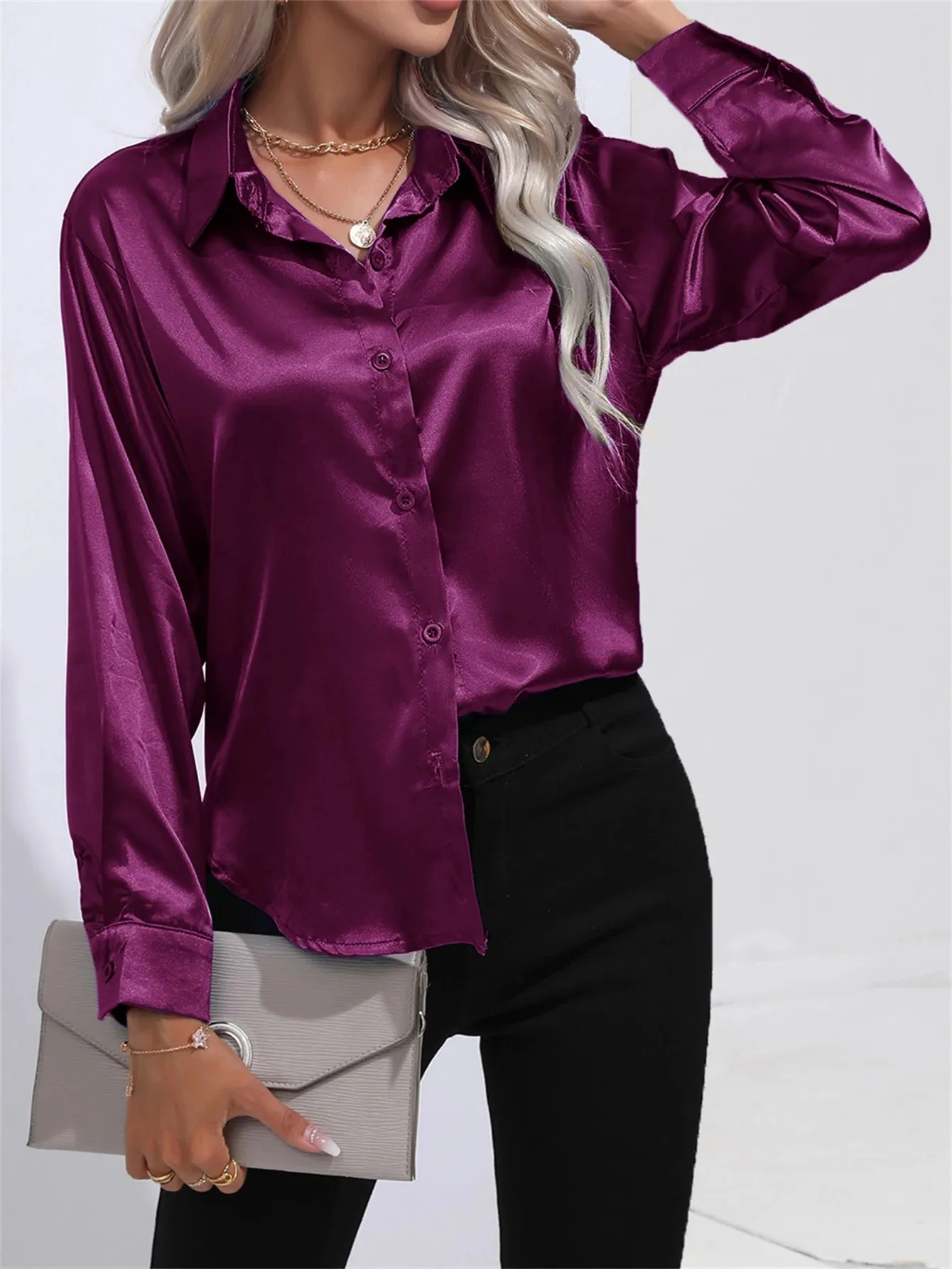 Casual Solid Smoothly Button Front Turn Down Collar Long Sleeve Blouse