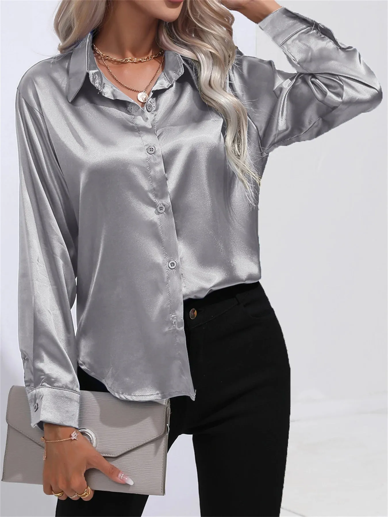 Casual Solid Smoothly Button Front Turn Down Collar Long Sleeve Blouse