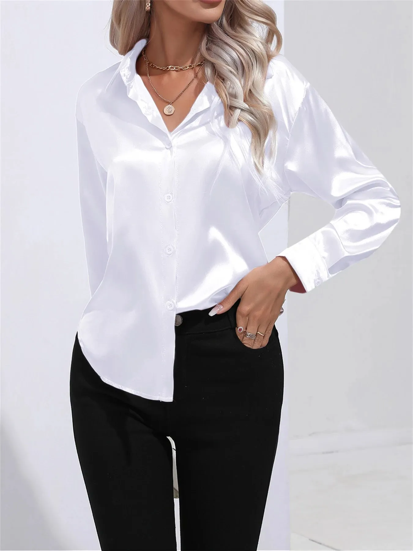 Casual Solid Smoothly Button Front Turn Down Collar Long Sleeve Blouse