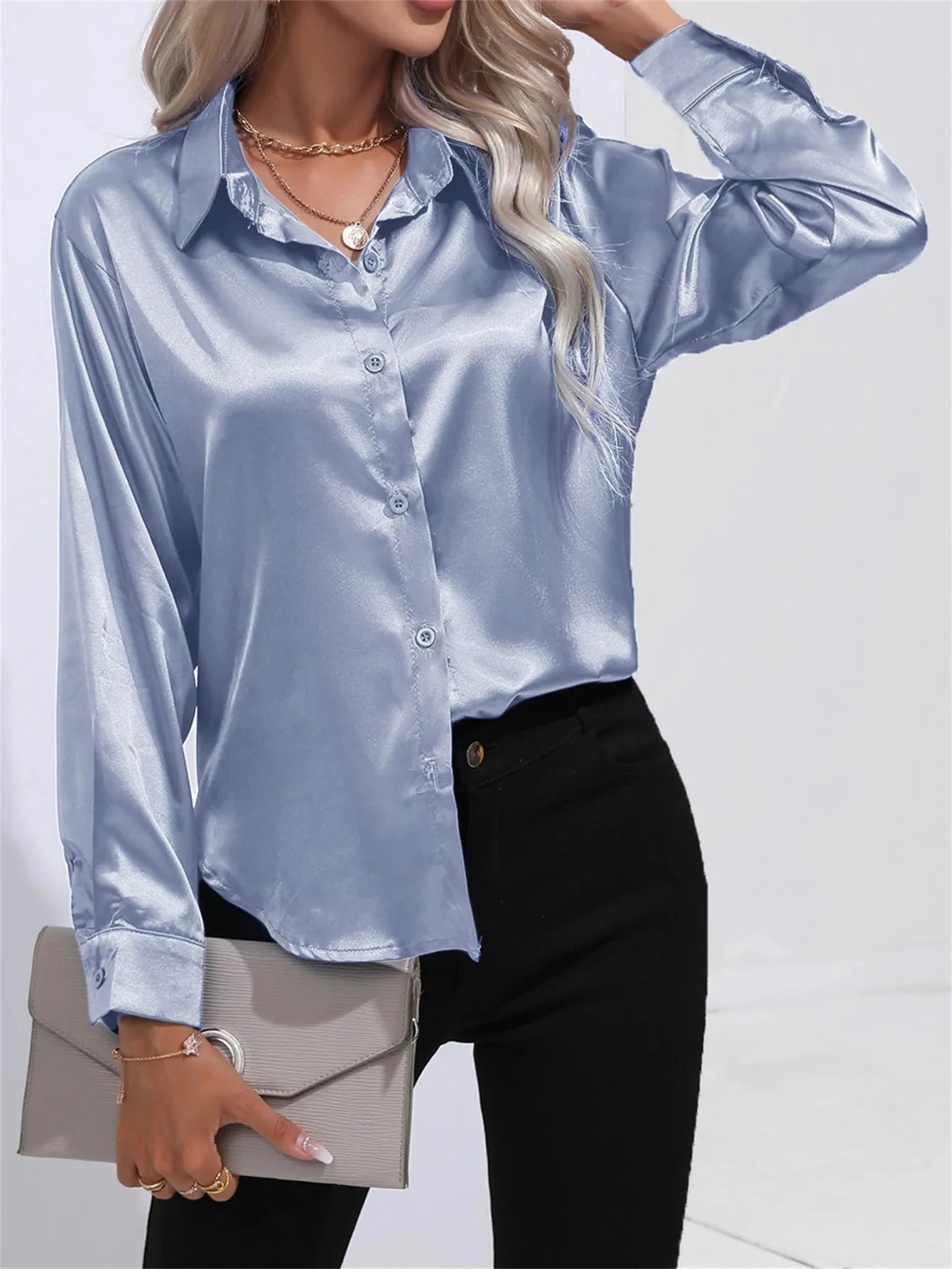 Casual Solid Smoothly Button Front Turn Down Collar Long Sleeve Blouse