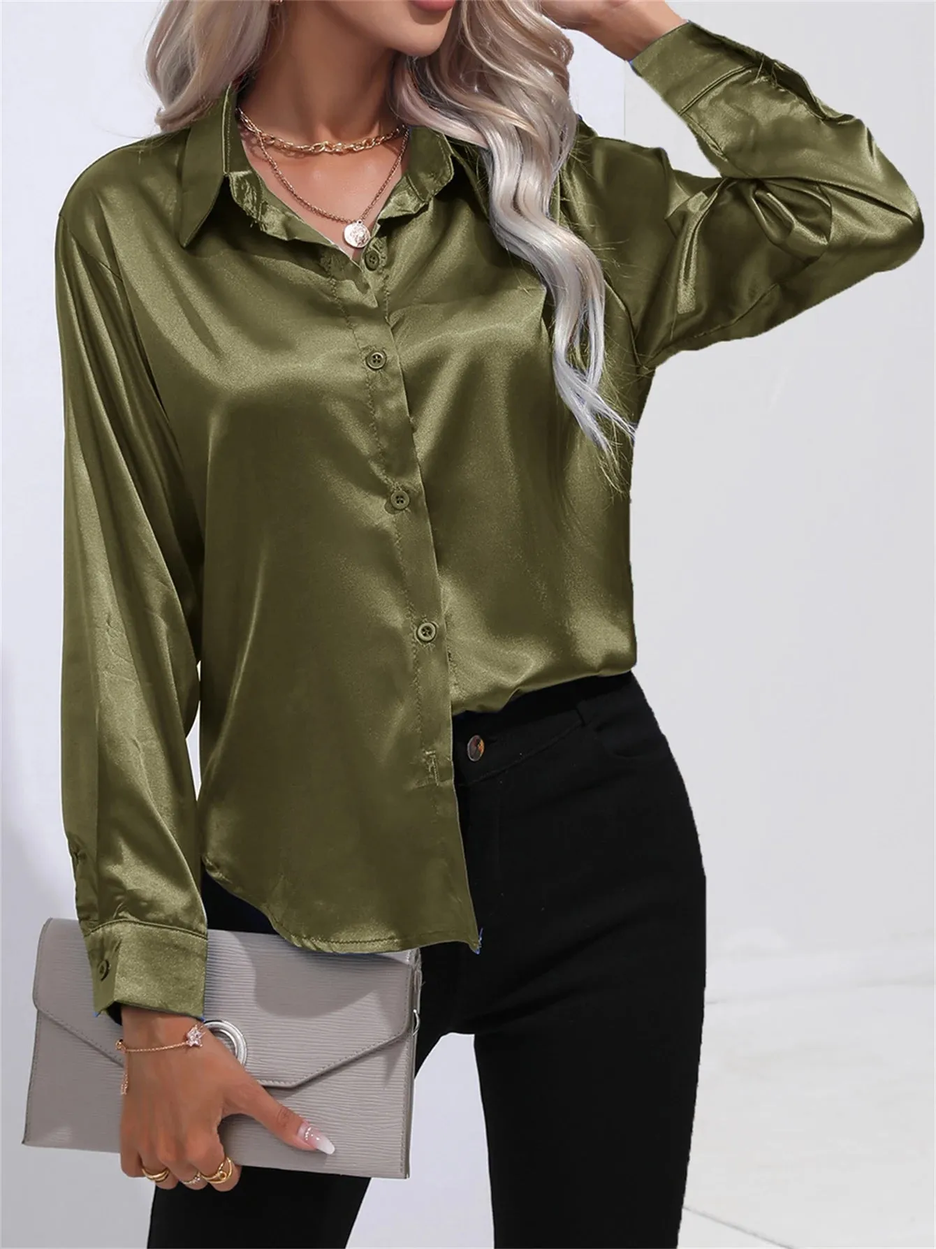 Casual Solid Smoothly Button Front Turn Down Collar Long Sleeve Blouse