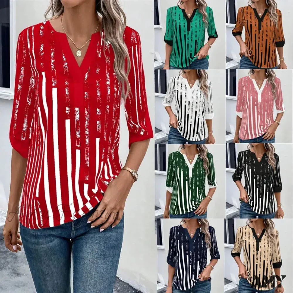 Casual Striped Oversized Vintage Elegant Female Summer Top Blouses