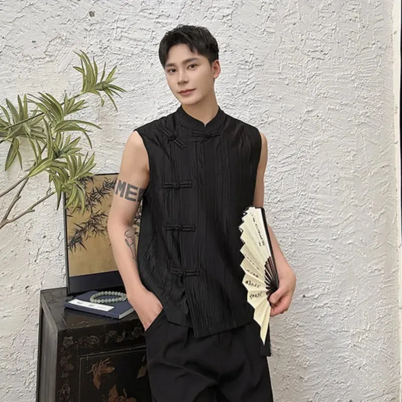 Chinese Style Men's Tank Tops Pleated Loose Simple Stand Collar Sleeveless Trend Male Tops Summer Vest 9C6116