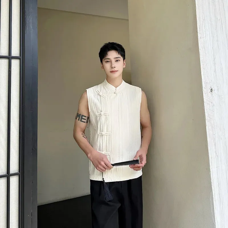 Chinese Style Men's Tank Tops Pleated Loose Simple Stand Collar Sleeveless Trend Male Tops Summer Vest 9C6116