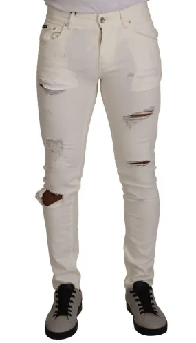 Dolce & Gabbana White Tattered Skinny Cotton Men Denim Jeans