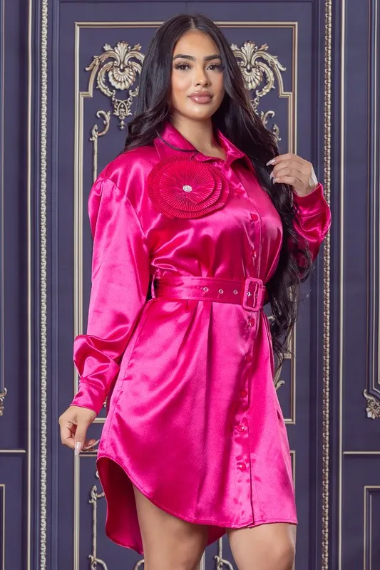 Fuchsia Satin Shirt Mini Dress