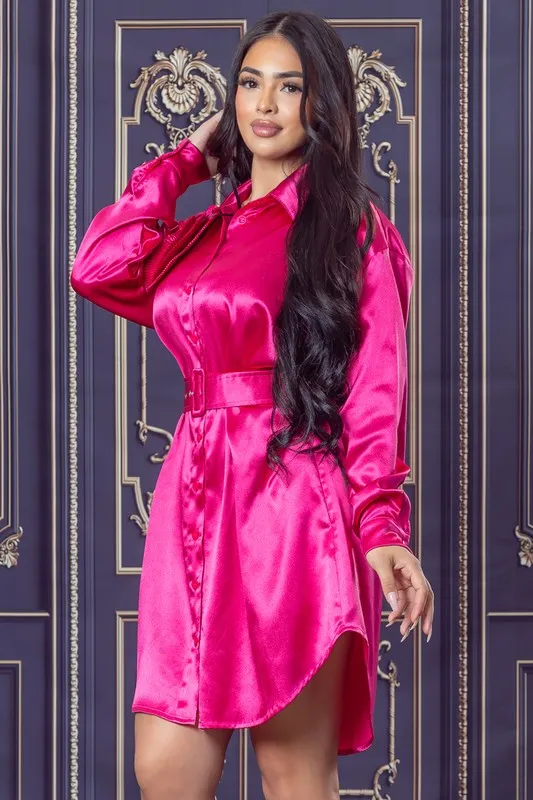 Fuchsia Satin Shirt Mini Dress