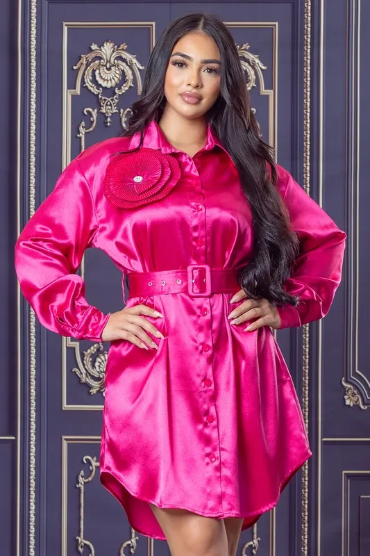 Fuchsia Satin Shirt Mini Dress