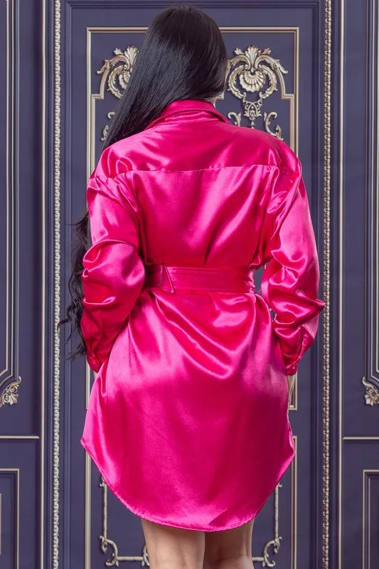 Fuchsia Satin Shirt Mini Dress