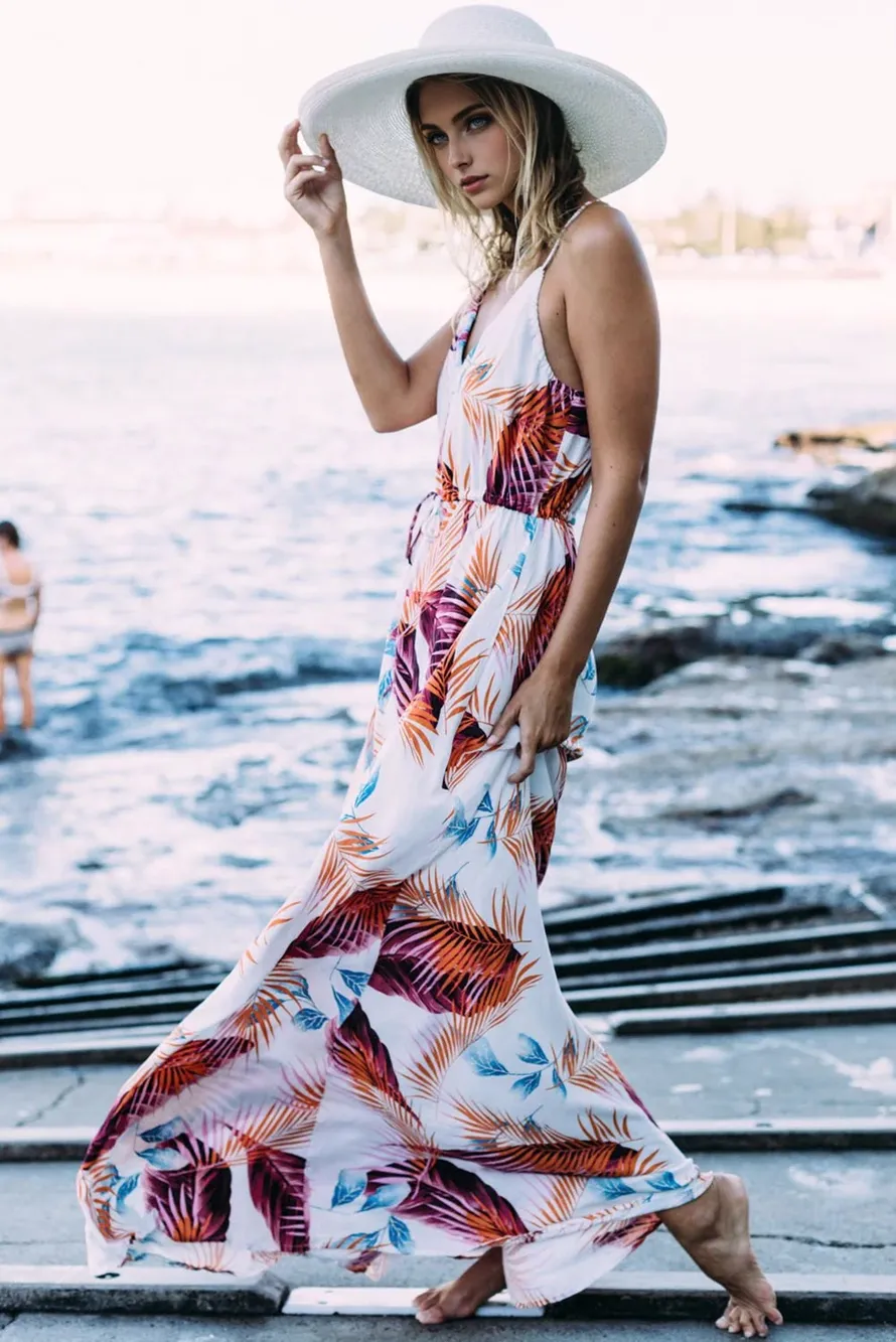 JuliaFashion - 2024 Summer Vacay Palm Leaf Print Plunging Neck Maxi Dress