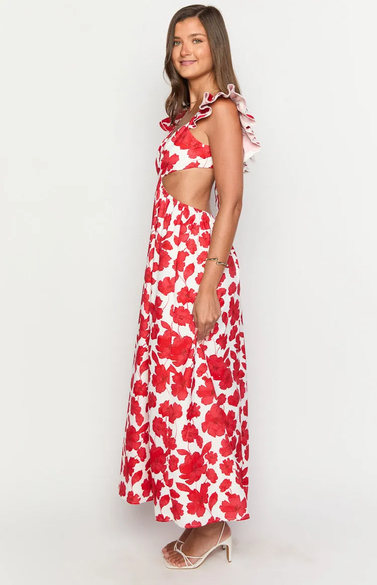 Kaden Red Anemone Floral Print Maxi Dress