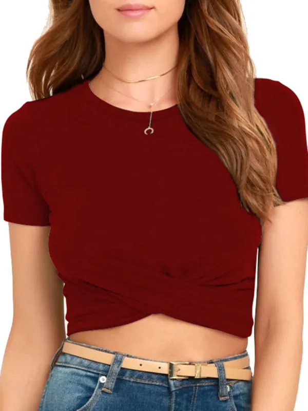 Knitted Short Slim Fit T-Shirt with Navel and Knot