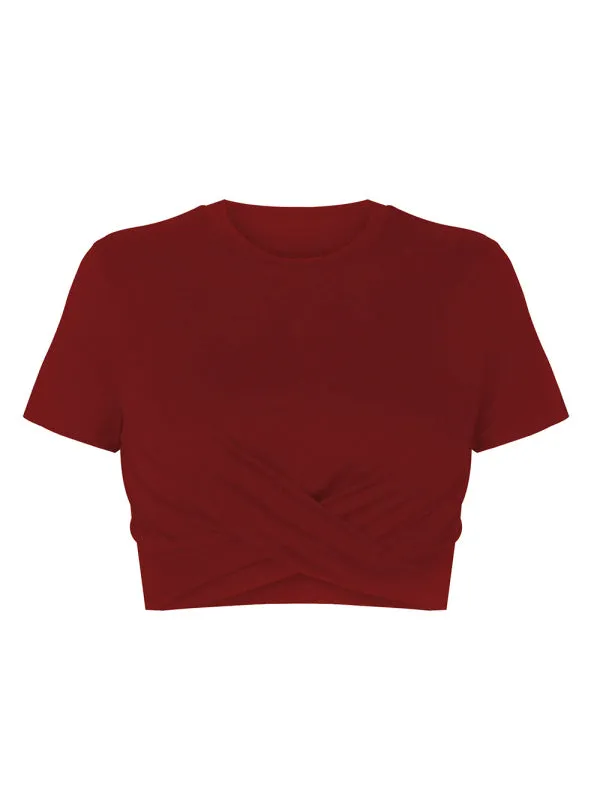 Knitted Short Slim Fit T-Shirt with Navel and Knot