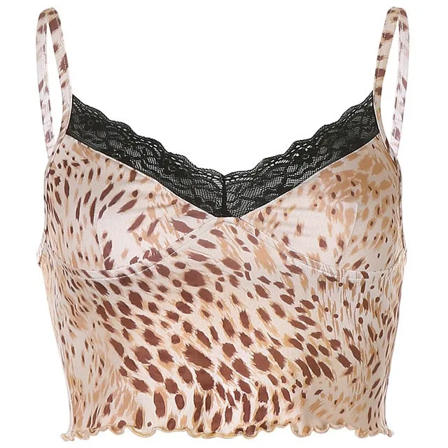 Lace Edge Leopard Print Sleeveless Sexy Party V Neck Rave Crop Top Sleeveless