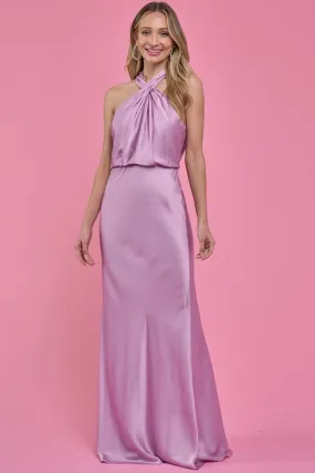 Lavender Cross Neck Cut Out Back Satin Maxi Dress