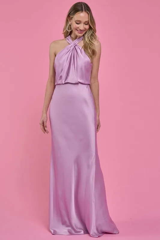 Lavender Cross Neck Cut Out Back Satin Maxi Dress