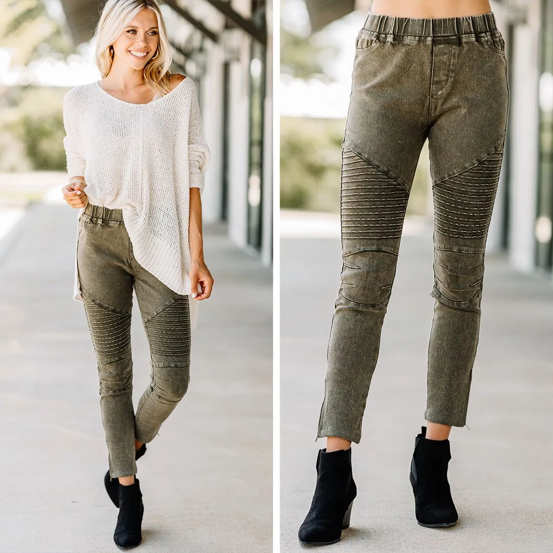 Living On The Edge Olive Green Moto Jeggings