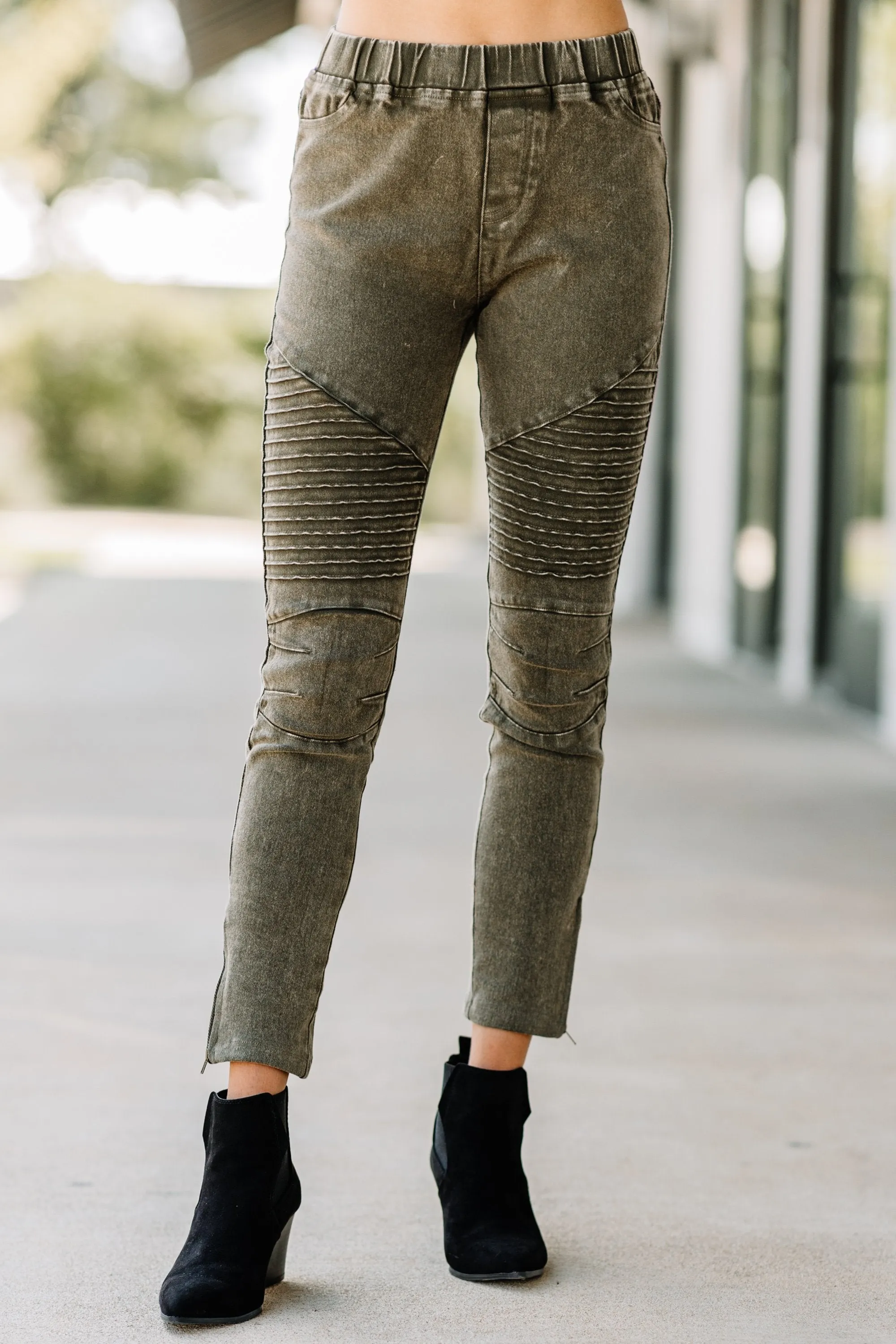 Living On The Edge Olive Green Moto Jeggings