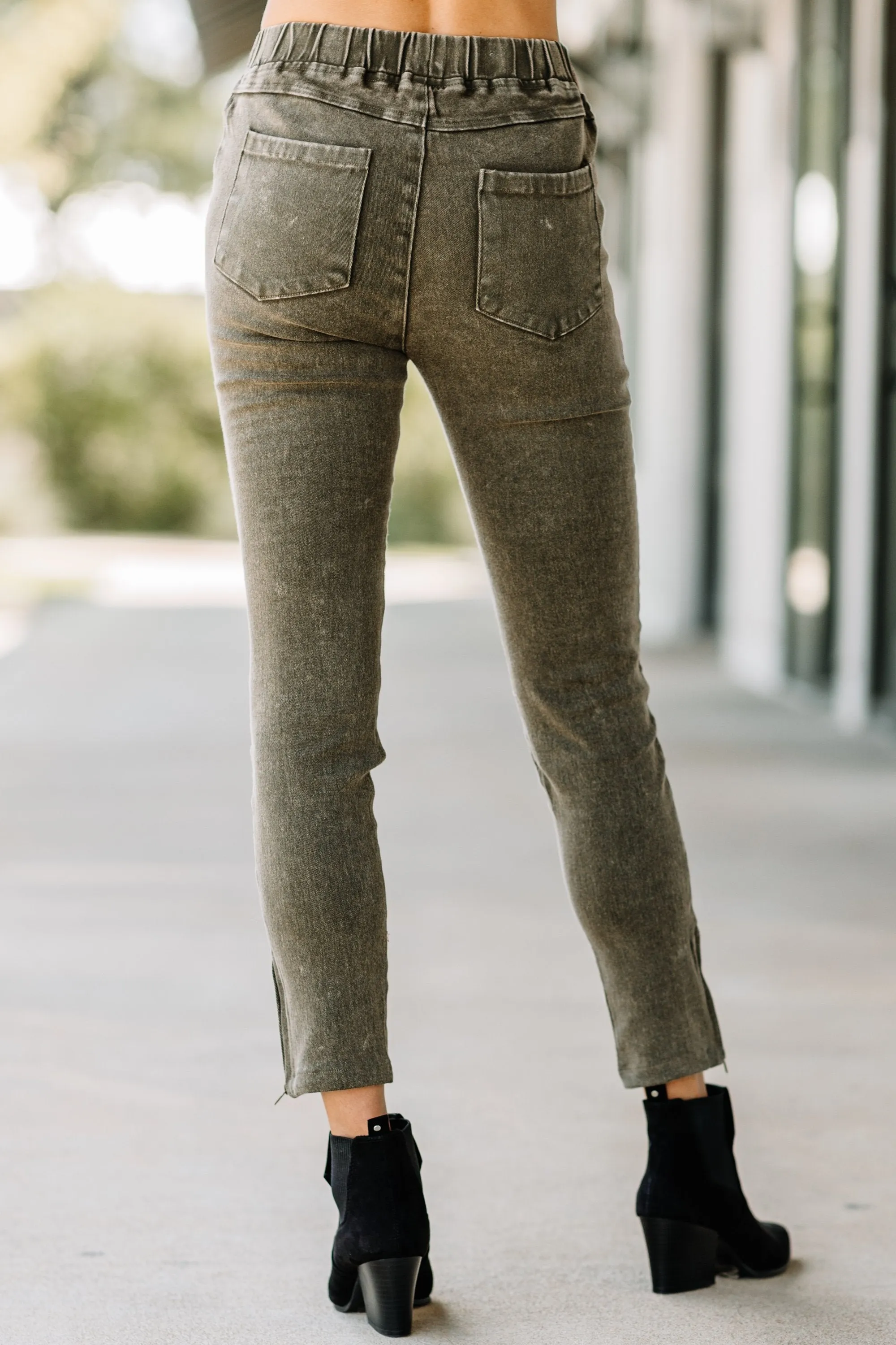 Living On The Edge Olive Green Moto Jeggings