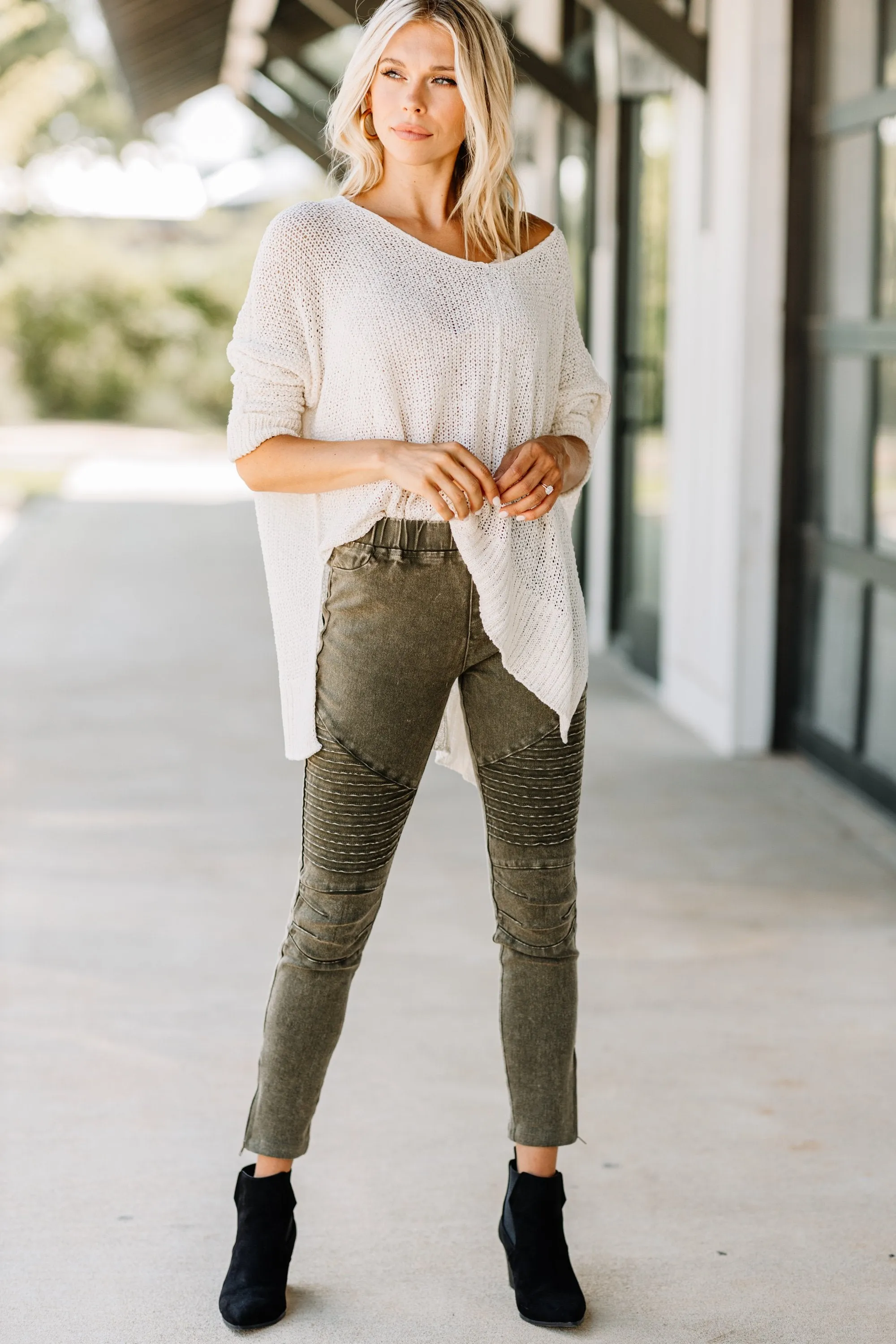 Living On The Edge Olive Green Moto Jeggings