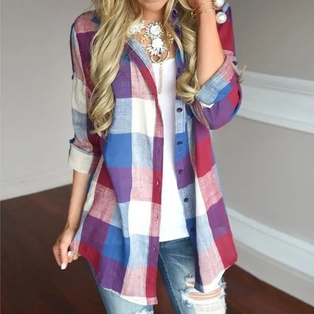 Long Sleeve Button Loose Plaid Shirt Top