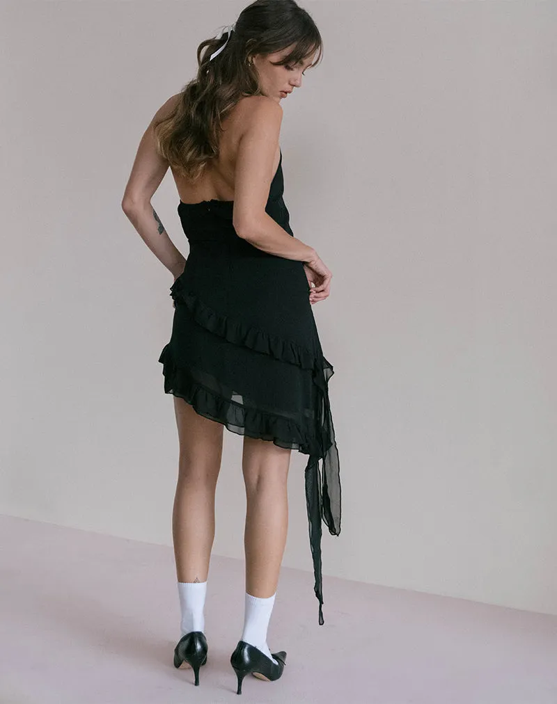 Margaret Ruffle Mini Dress in Black Chiffon with Rosette