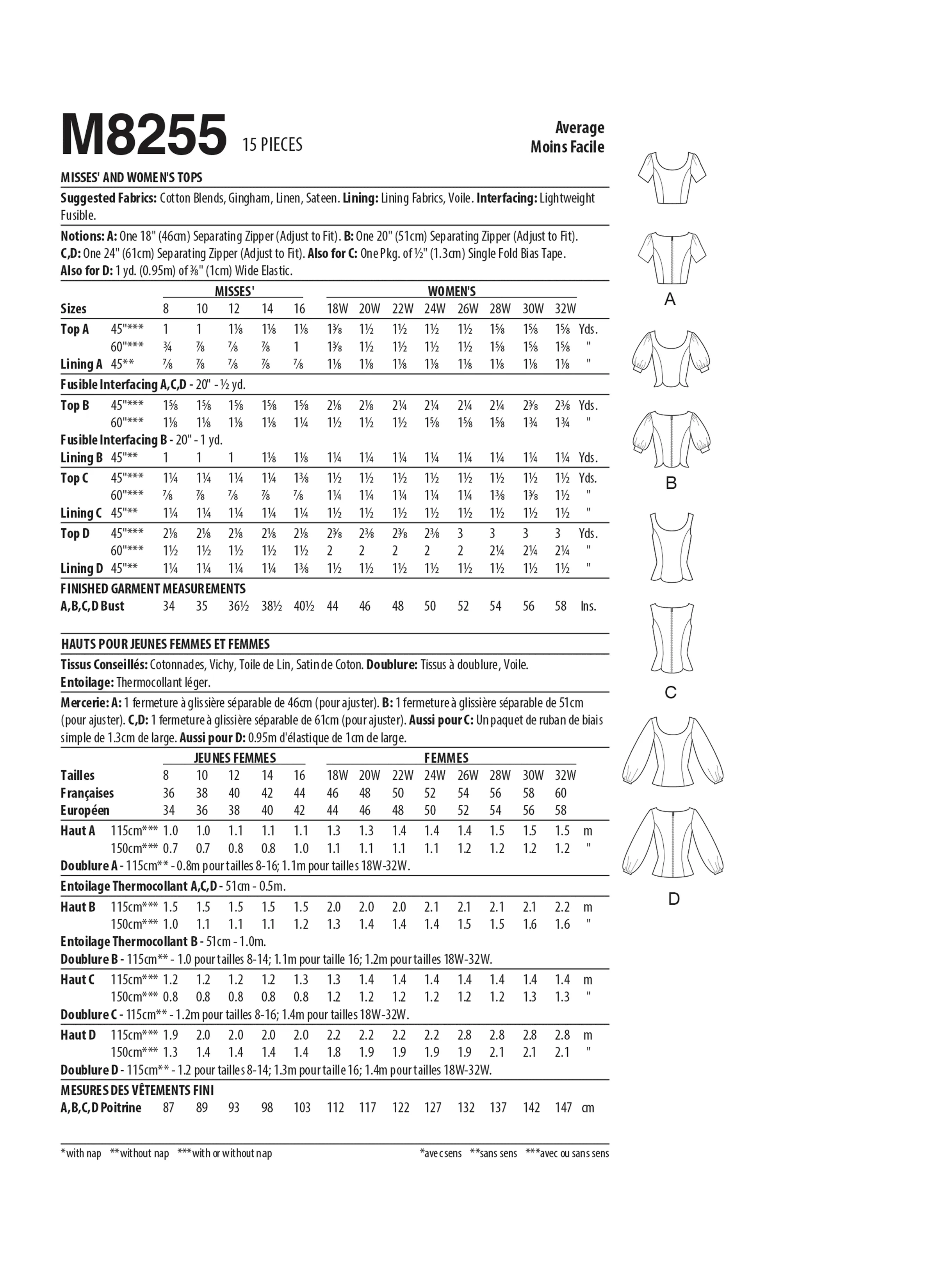 McCall's Sewing Pattern 8255 Misses' and Women's Tops