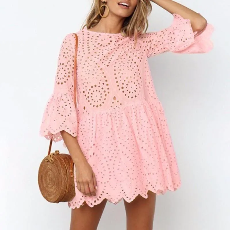 Mini Lace Sexy Dresses Women Flare Sleeve Mini Dress