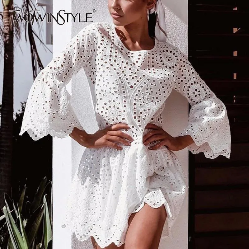 Mini Lace Sexy Dresses Women Flare Sleeve Mini Dress