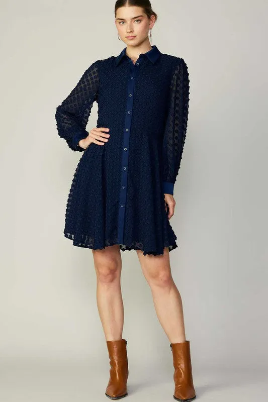 Navy Clipped Flower Jacquard Shirt Mini Dress