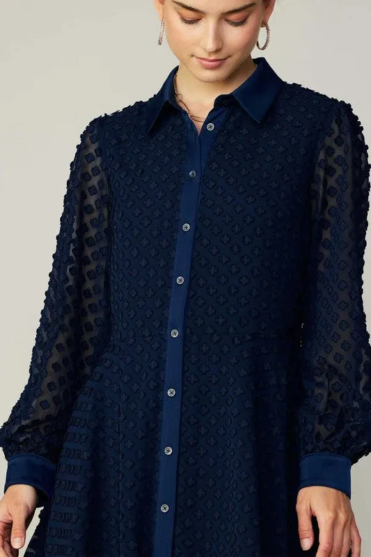 Navy Clipped Flower Jacquard Shirt Mini Dress